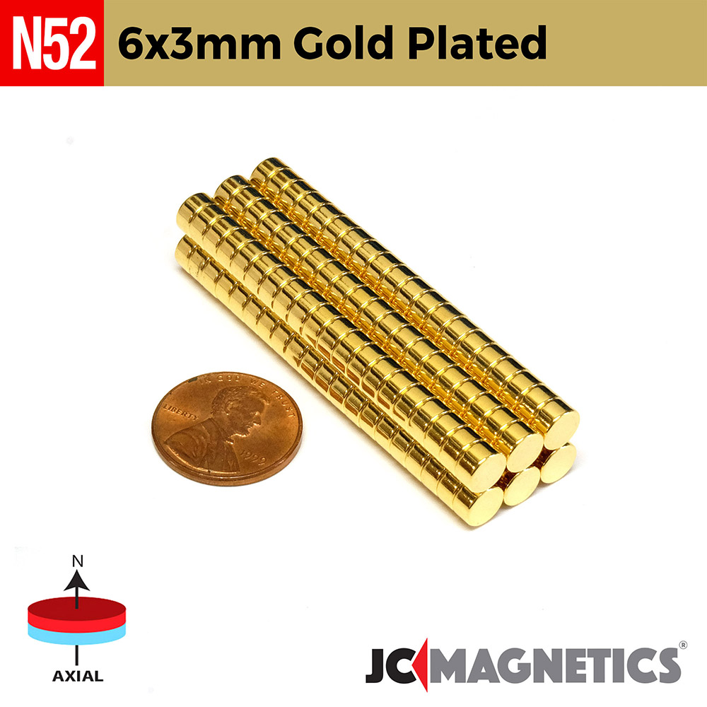 6mm X 3mm N52 Gold Plated neodymium magnets round discs 1/4in x 1/8in